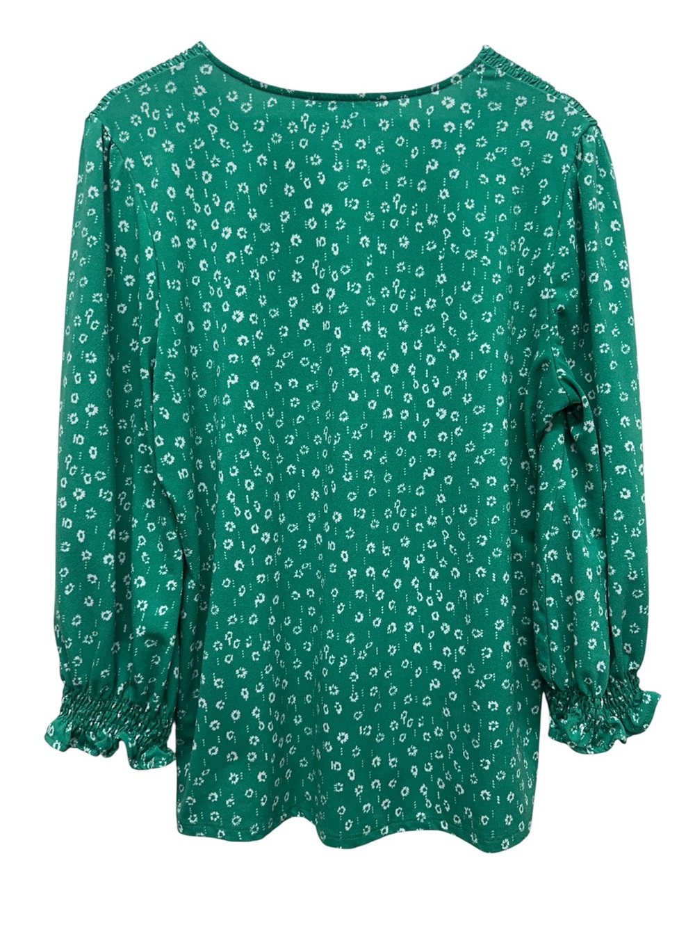 Adrianna Papell Womens Ditsy Floral Blouse Green White Boho Cottage Smocked Sz L - Picture 6 of 9